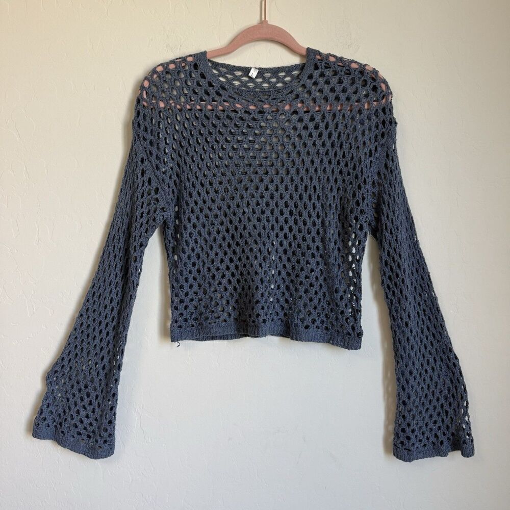Womens Blue Open Knit Beachy Boho Bell Sleeve Sweater Size L Festival Beach